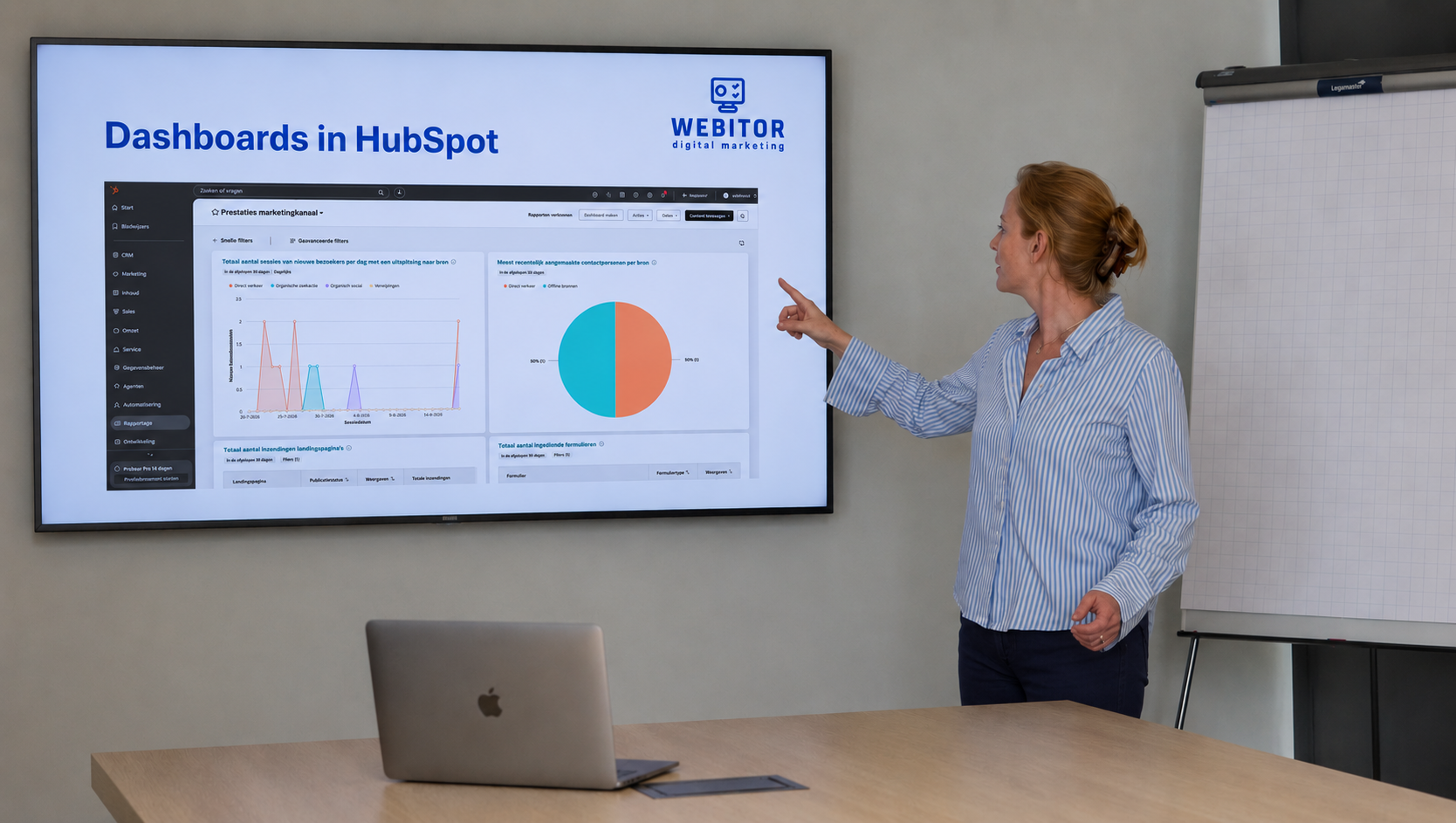 Caroline geeft een presentatie op een kantoor.